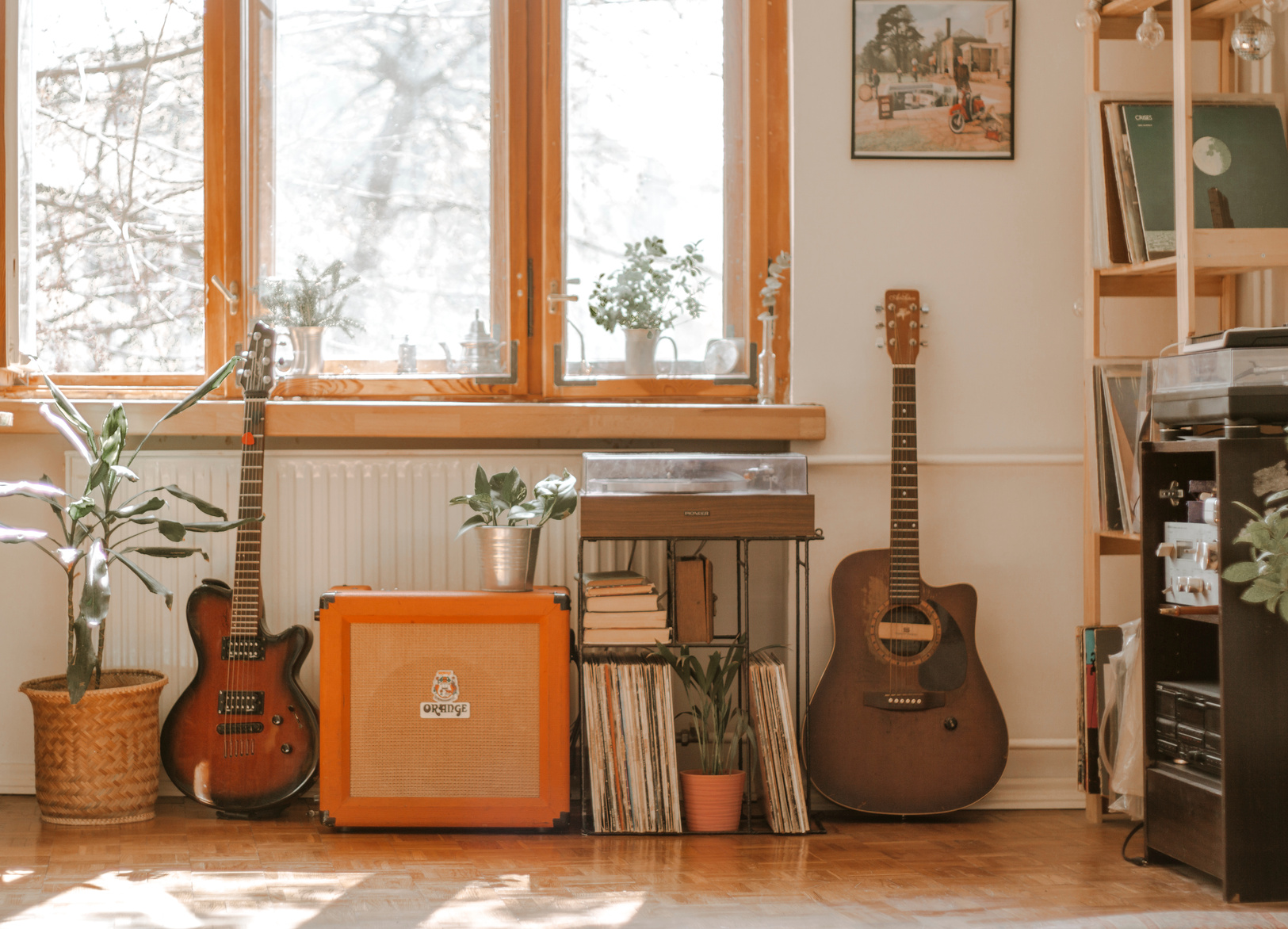Room interior with guitars and musical equipment near shelves and plants